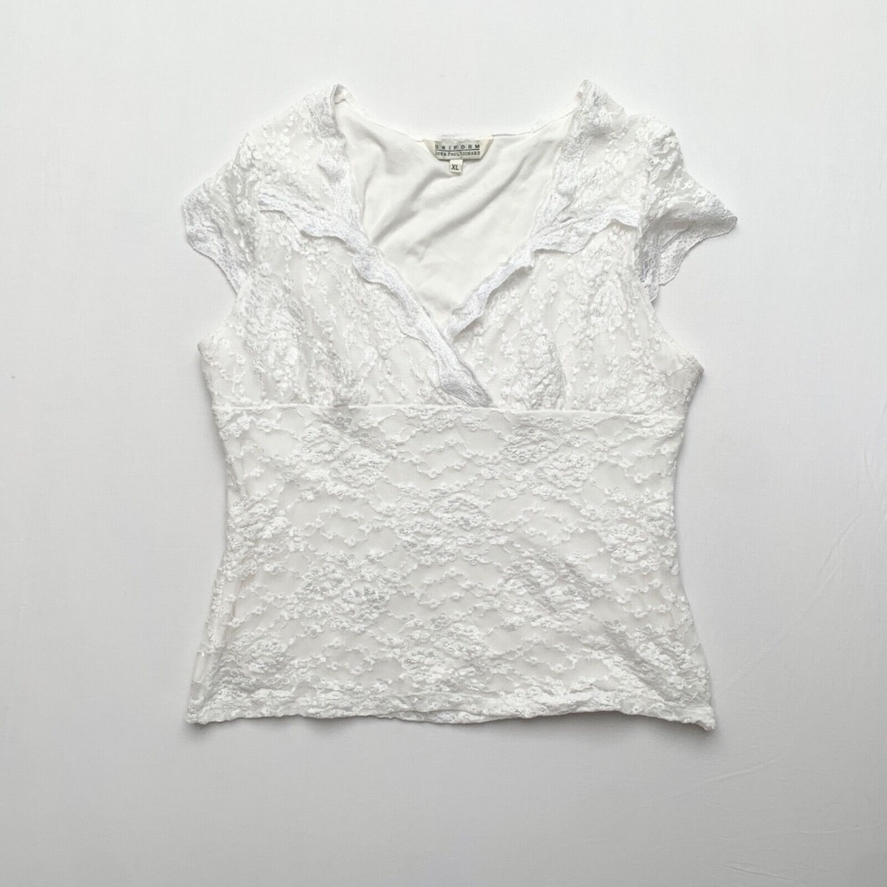 2000s Y2K White Lace Slinky Stretch Dainty Ditzy Fairy Babydoll Cap Sleeve TopXL